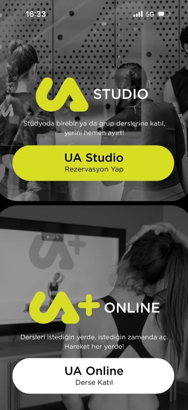 Urban Active uygulaması giriş ekranı — UA Studio ve UA Online seçimi